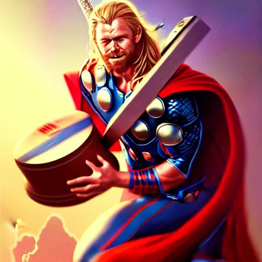 Image similar to thor playing the bongos, comic style by guweiz and stanley artgerm, extremely high quality artwork, very detailed, trending on artstation