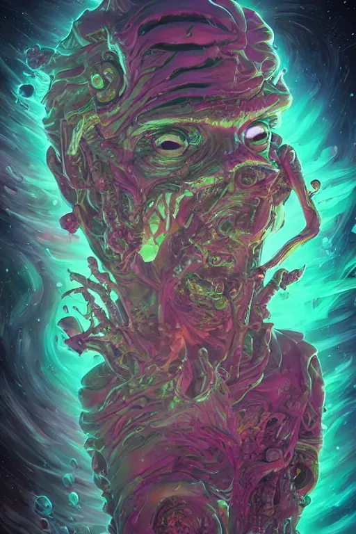 Prompt: rick and morty fused with a lovecraft space zombie, photo, portrait, 3d, high details, intricate details, by vincent di fate, artgerm julie bell beeple, 90s, Smooth gradients, octane render, 8k, volumetric lightning, High contrast, duo tone, depth of field, very coherent symmetrical artwork