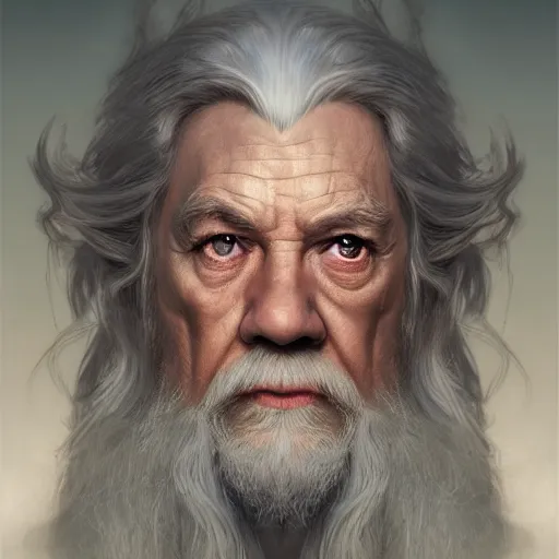 Image similar to a portrait of gandalf cinematic lighting, photorealistic, octane render, 8 k, depth of field, 3 d, art by artgerm and greg rutkowski and alphonse mucha and uang guangjian and gil elvgren and sachin ten