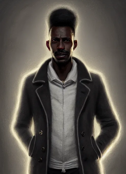 Image similar to portrait of handsome black man wearing grey peacoat, baroque lightbulb idea, middle aged and fit, elegant atmosphere, glowing lights, highly detailed, digital painting, artstation, concept art, smooth, sharp focus, illustration, art by wlop, mars ravelo and greg rutkowski