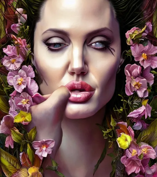 Image similar to portrait of the angelina jolie, surrounded by flowers by karol bak, james jean, tom bagshaw, rococo, symmetrical eyes, trending on artstation, cinematic lighting, hyper realism, octane render, 8 k, hyper detailed.