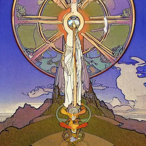 Image similar to a spiritual cross on top of a holy mountain, Mucha, Moebius, Mohrbacher