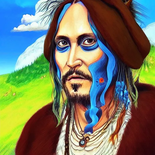 Image similar to “John Depp, portrait!!! Mononoke-hime style, cartoon, blue sky with white clouds green hills and mountains on the background, fantasy, photorealistic, concept Art, ultra detailed portrait, 4k resolution”