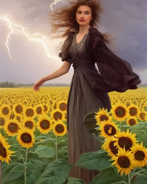 Image similar to a girl slowly walking through amazing tall sunflower field, hair flowing, early morning lightning, bad weather approaching, oil on canvas, artstation, by j. c. leyendecker and edmund blair leighton and charlie bowater, beautiful face, octane, very aesthetic!!!!!!!!!!!!!!!