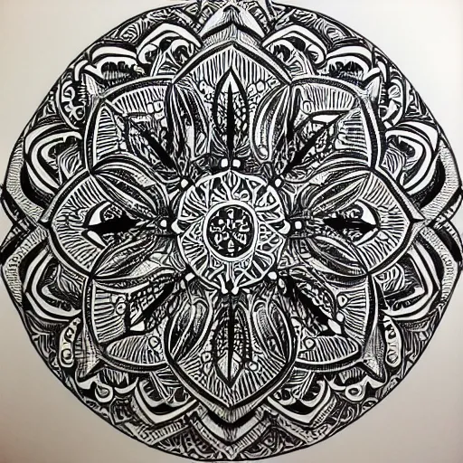 Prompt: a hyper detailed organic biomorphic black and white ink drawing of a super symmetrical mandala lizzie snow zen pattern zentangle henna hyper realism crazy detail