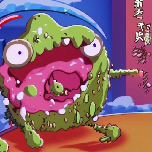 Image similar to a film still of slime monster made of beans attacking tokyo