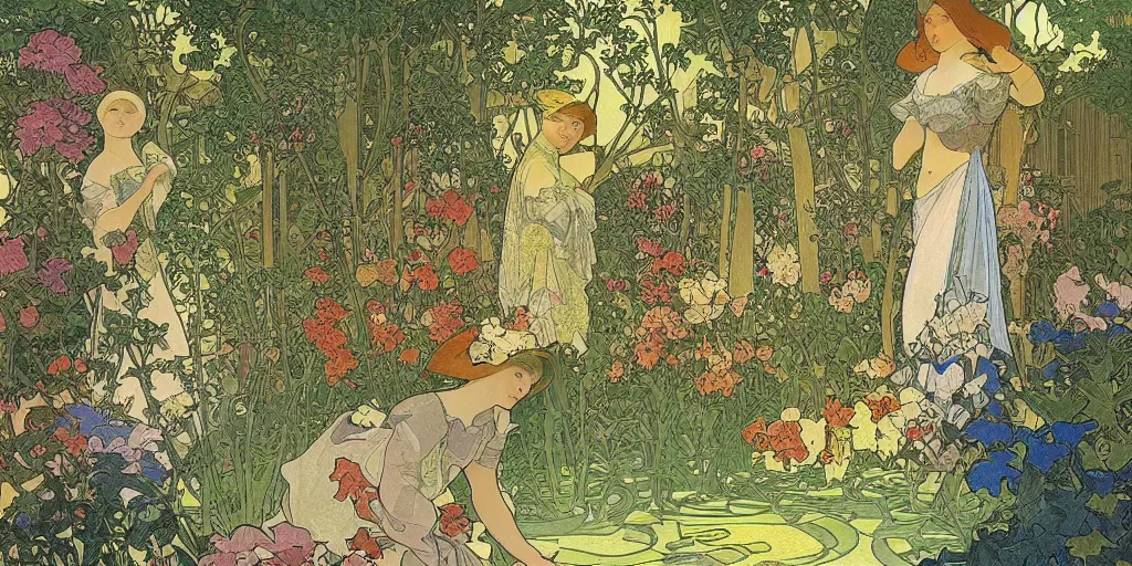 Image similar to an illustration of a beautiful garden, isometric view, painted by alphonse mucha and hieronymus bosch and hasui kawase, dramatic lighting, vivid colours.