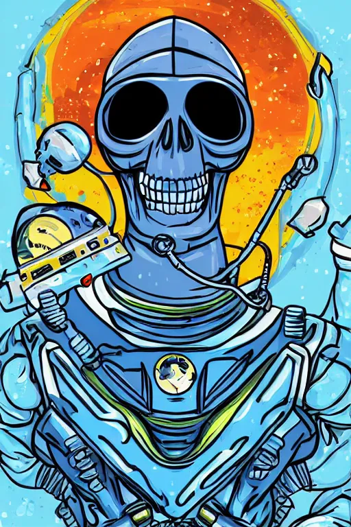 Prompt: astronaut skeletor, art by iktor miller - gausa, sticker, colorful, illustration, highly detailed, simple, smooth and clean vector curves, no jagged lines, vector art, smooth