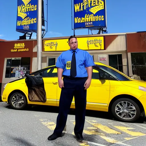 Image similar to wafflehouse employee's standing below wafflehouse sign, employees uniform is blue and black with yellow name tags