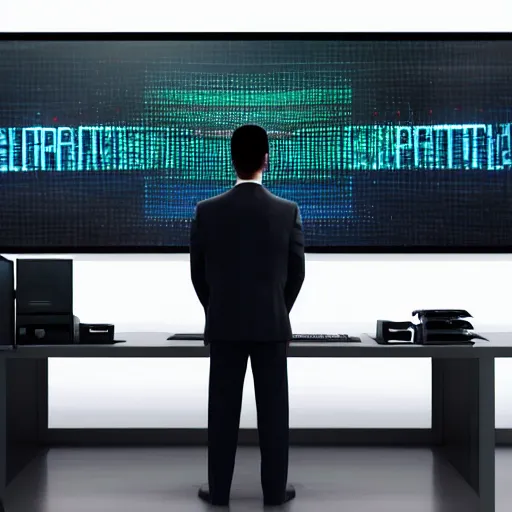 Image similar to a man in gray corporate suit standing in dark in front of supercomputer with many monitors and displays, on one of the monitors the skynet logo, photorealistic, highly detailed, 4 k, hd