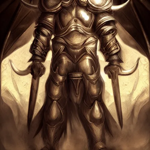 Prompt: Giant minotaur humanoid beast warrior with two handed axe, concept art, heavy white and golden armor, giant horns, portrait, dungeons and dragons, hyperrealism, high details, digital painting, dark fantasy