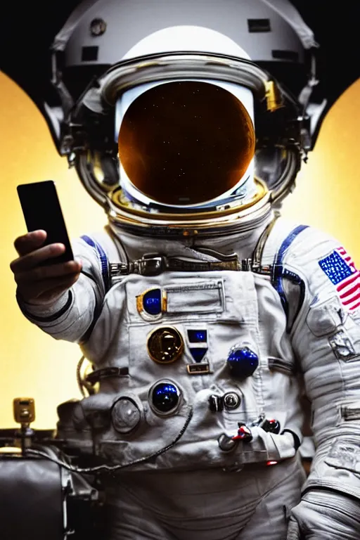 Image similar to historical portrait of space astronaut taking a selfie, holds a smart phone in one hand, phone!! held up to visor, reflection of phone in visor, moon, extreme close shot, soft light, golden glow, award winning photo by michal karcz and yoshitaka amano