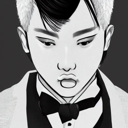 Image similar to portrait of a beautiful korean girl wearing a men's tuxedo, with short messy hair, men's haircut, angular features, angry expression, digital art, elegant pose, detailed illustration