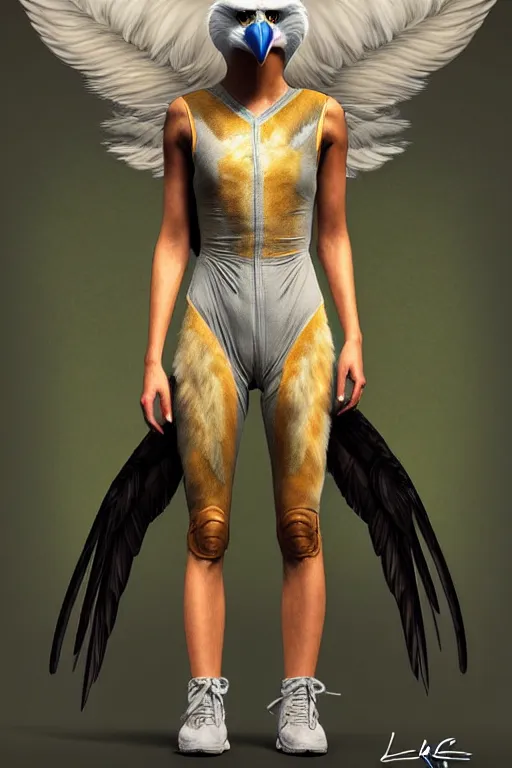 Image similar to epic professional digital art of a human - eagle hybrid animal wearing human flight jumpsuit, air force jumpsuit, humanoid feathered head, eagle beak, by lisa roet, sam leach, artstation, cgsocietywlop, epic, much wow, much detail