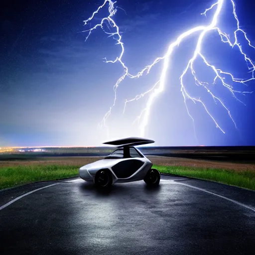 Prompt: futuristic flying car emerging from a circle of lightning in the sky, thunderstorm at night, 28mm dramatic photo