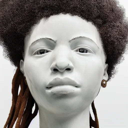 Prompt: a photorealistic all white marble sculpture of a black girl with a white afro