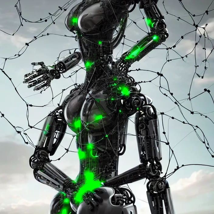 Prompt: a female cyborg robot, artificial intelligence, standing, sci - fi theme, dystopian landscape, half of her is connected to nature via vines, branches, the other half is connected to wires, technology, highly detailed, hyper - realistic, futuristic