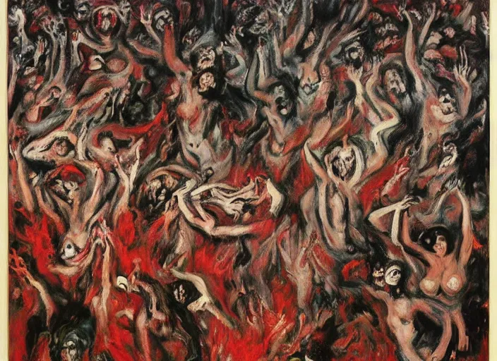 Image similar to mosh pit full of demons and beautiful women in hell ’ s nightclub, sfumato abstract oil on canvas, by rothko, by jackson pollock, by monet