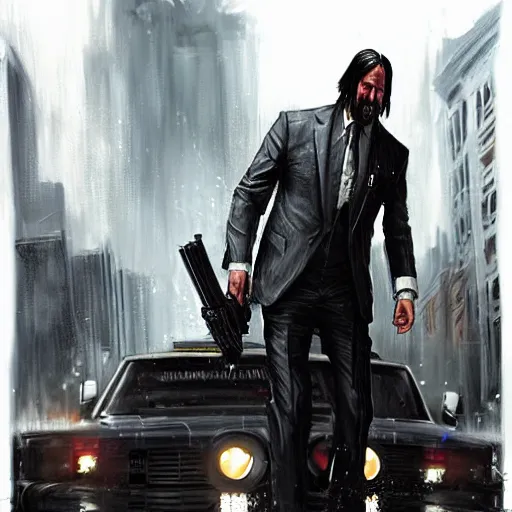 Image similar to an angry john wick in a shootout with a giger alien in the city streets, raymond swanland and magali villeneuve detailed digital painting