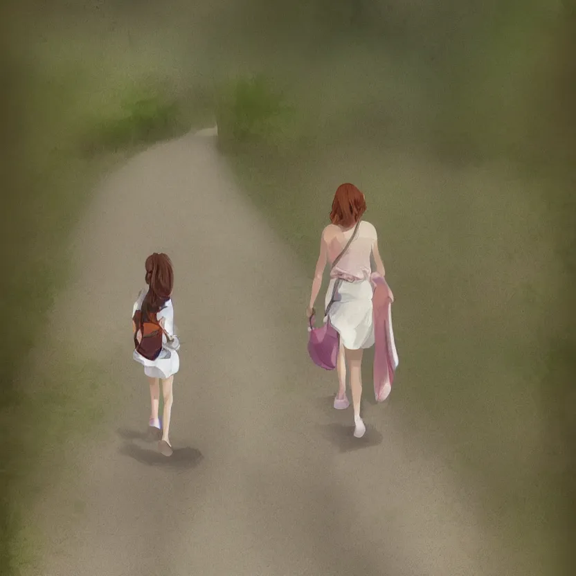 Prompt: a beautiful maiden carrying milk as she walks along the dirt path, digital art, soft colors, cell shading, simple