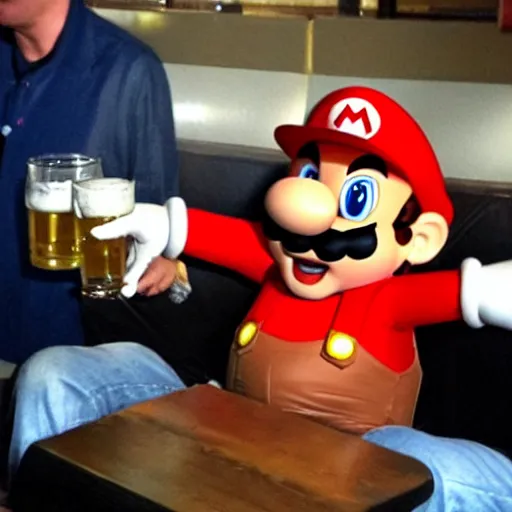 Image similar to super mario chugging a beer and getting drunk at a bar