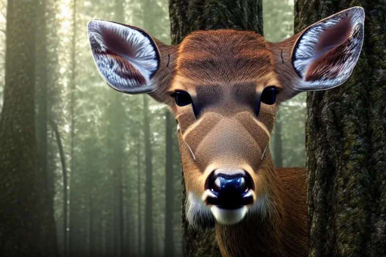 Prompt: a close up of the head of a deer. The deer has bright white eyes. background of a landscape misty forest scene, the sun glistening through the trees, hyper realistic photograph, octane render 8k, trending on artstation, unreal engine