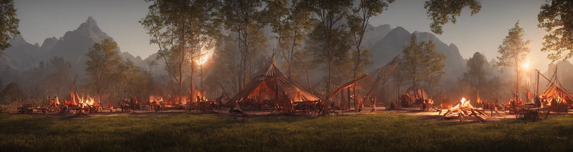 Image similar to longhouse, campfire, teepee, very detailed, octane render, realistic, 8 k, unreal engine 5, dramatic, volumetric, mountain, morning, greg rutkowski