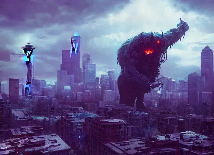 Image similar to seattle being attacked by a giant herculean demon, by beeple and maciej kuciara and greg rutkowski