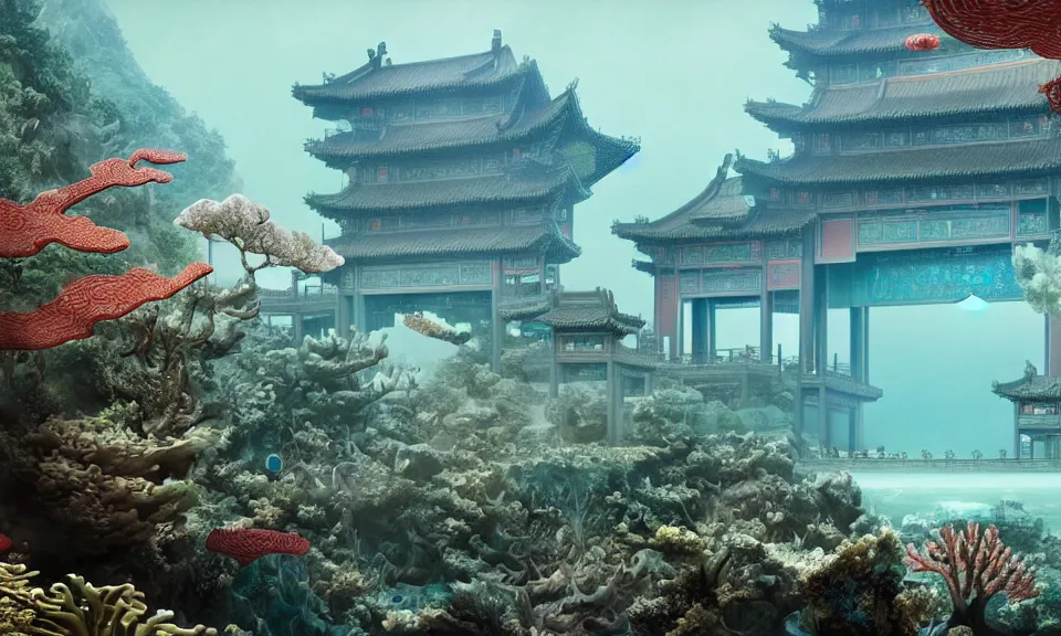 Prompt: a gargantuan ancient chinese palace under deep ocean with Coral, Fish and Seagrass by Wadim Kashin, featured in artstation, octane render, cinematic, elegant, intricate, 8k