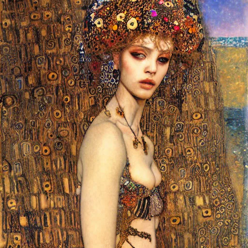 Image similar to seductive goddess in desert, intricate detail, klimt, royo, whealan,