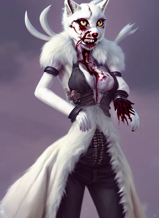 Image similar to wide angle beautiful full body portrait of a strong female damaged zombie anthropomorphic anthro white lynx fursona wearing a steampunk dress toothsome open mouth. character design by disney, anime, manga, charlie bowater, ross tran, artgerm, and makoto shinkai, detailed, soft lighting, rendered in octane