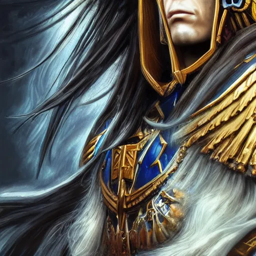 Prompt: the emperor of mankind, beautiful face, long black hair, a wreath on his head, digital painting, photo realism, super realistic detail, warhammer world 4 0, 0 0 0