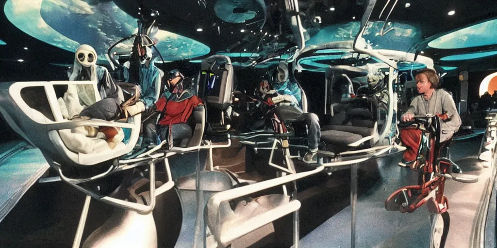 Image similar to 1990s photo of inside the E.T. ride at Universal Studios in Orlando, Florida, riding the flying bike with E.T. , cinematic, UHD