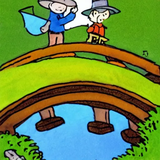 Prompt: Snufkin and Moomin fishing from a bridge, in the style of Moomin