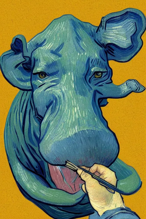 Image similar to vincent van gogh Wearing hippo costume, zx spectrum color palette, anatomy, only two hands, highly detailed, digital painting, artstation, concept art, smooth, sharp focus, illustration, Unreal Engine 5, 8K, art by art by artgerm and greg rutkowski and edgar maxence