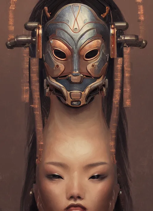 Image similar to a beautiful detailed oil on copper art illustration of a japanese samurai mecha mask woman, centered, by charlie bowater, zeng fanzh, trending on artstation, dim dusk lighting, cinematic lighting, detailed lighting, volumetric lighting, realistic, f 8, 4 k hd wallpaper