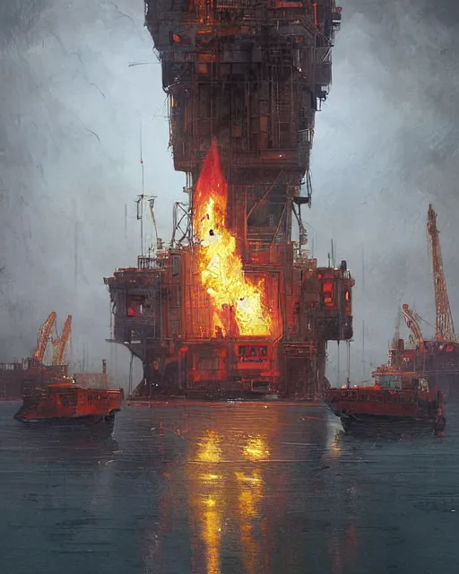 Prompt: a highly detailed epic cinematic concept art CG render digital painting artwork: Oil rig on fire. By Greg Rutkowski, in the style of Francis Bacon and Syd Mead and Norman Rockwell and Beksinski, open ceiling, highly detailed, painted by Francis Bacon and Edward Hopper, painted by James Gilleard, surrealism, airbrush, Ilya Kuvshinov, WLOP, Stanley Artgerm, very coherent, triadic color scheme, art by Takato Yamamoto and James Jean