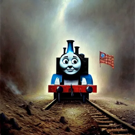 Image similar to thomas the tank engine during world war one by zdzislaw beksinski, intricate, highly detailed, centered, digital painting, artstation, concept art, smooth, sharp focus, illustration, artgerm, tomasz alen kopera, peter mohrbacher, donato giancola, joseph christian leyendecker, wlop, boris vallejo