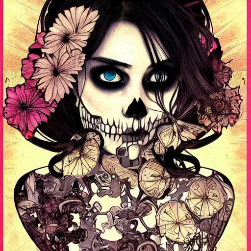 Image similar to manga skull portrait girl female skeleton realism hyperrealistic art Nintendo akira Scarlett Johanson and will cotton alphonse mucha pop art nouveau