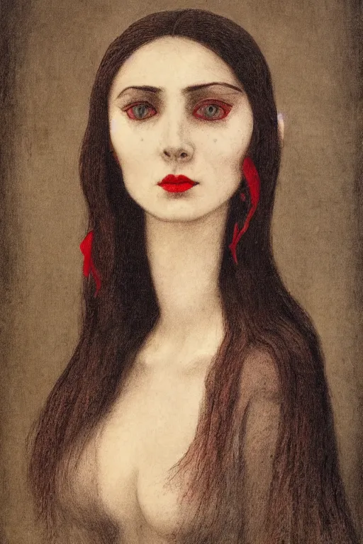 Prompt: portrait of beautiful young maiden, warhammer, a lot of scars, red lips, the middle ages, highly detailed, artstation, illustration, art by alfred kubin, 8 k quality