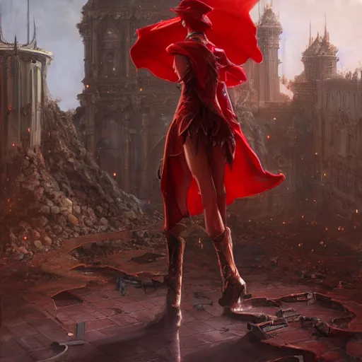 Image similar to Red Mage from Final Fantasy exploring a post-apocolyptic shopping mall ruin, D&D, fantasy, intricate, cinematic lighting, highly detailed, digital painting, artstation, concept art, smooth, sharp focus, illustration, art by Artgerm and Greg Rutkowski and Alphonse Mucha