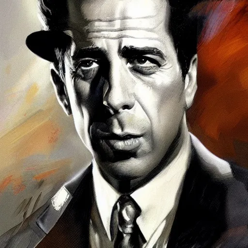 Image similar to humphrey bogart as sam spade, portrait, highly detailed, digital painting, artstation, concept art, sharp focus, illustration, art , style of Dean Cornwell by Dean Cornwell