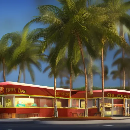 Image similar to fast food restaurant with palm trees, concept art, octane render