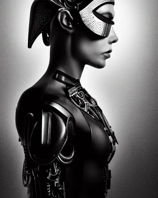 Image similar to a profile portrait, a stunning young woman - cyborg with a mutant crow head, editorial photography, bw, shot on 7 0 mm, depth of field, f / 2. 8, high contrast, 1 6 k, volumetric lighting, shiny, insanely detailed and intricate, hypermaximalist, elegant, ornate, hyper realistic, super detailed