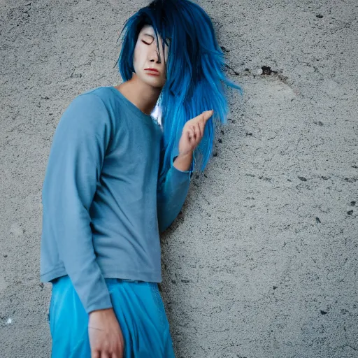 Prompt: rimuru tempest, young man blue hair, canon eos r 3, f / 1. 4, iso 2 0 0, 1 / 1 6 0 s, 8 k, raw, unedited, symmetrical balance, in - frame