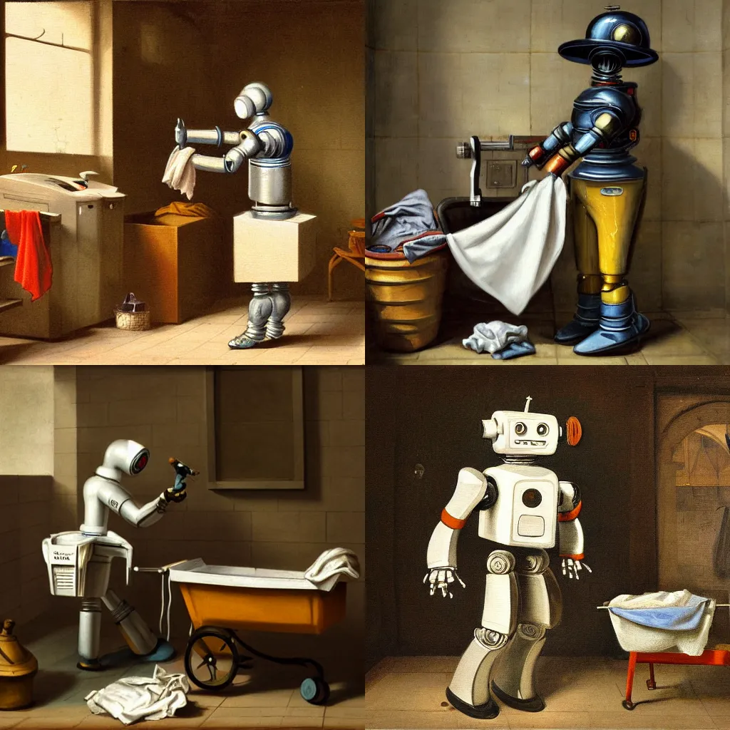 Prompt: detailed painting of a robot doing laundry, by Rembrant