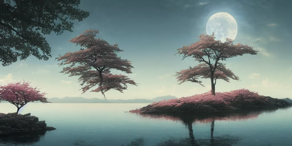 Image similar to a single sakura tree upon a lake, viewed from a distance, stephen bliss, unreal engine, illustration, fantasy art by greg rutkowski, loish, rhads, ferdinand knab, makoto shinkai and lois van baarle, ilya kuvshinov, rossdraws, tom bagshaw, global illumination, radiant light, detailed and intricate environment