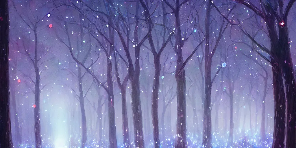 Image similar to high quality illustration of an enchanted magical winter forest::night time, glowing sparkles, mystic lightning::painted by Daisuke Tsutsumi, artstation art