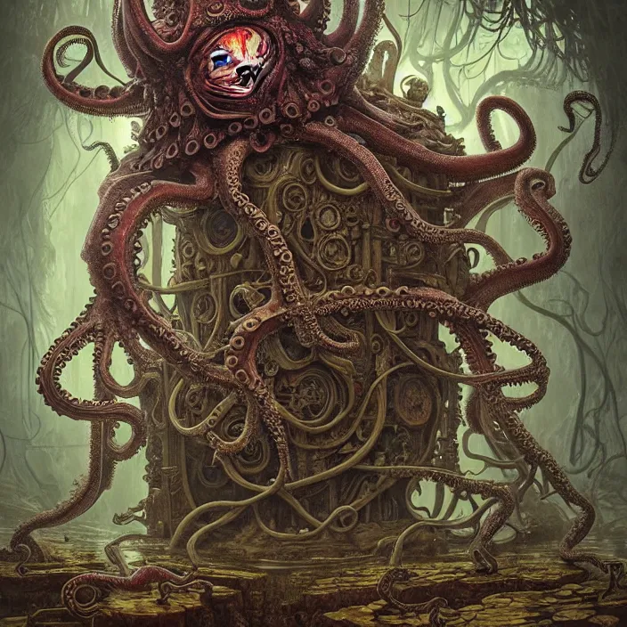 Prompt: biomechanical creature with big octopus head and ( glowing ) eyes guarding an ancient chest in a mystic swamp, gothic and baroque, brutalist architecture, ultradetailed, intricate by ellen jewett and josan gonzalez and giuseppe arcimboldo