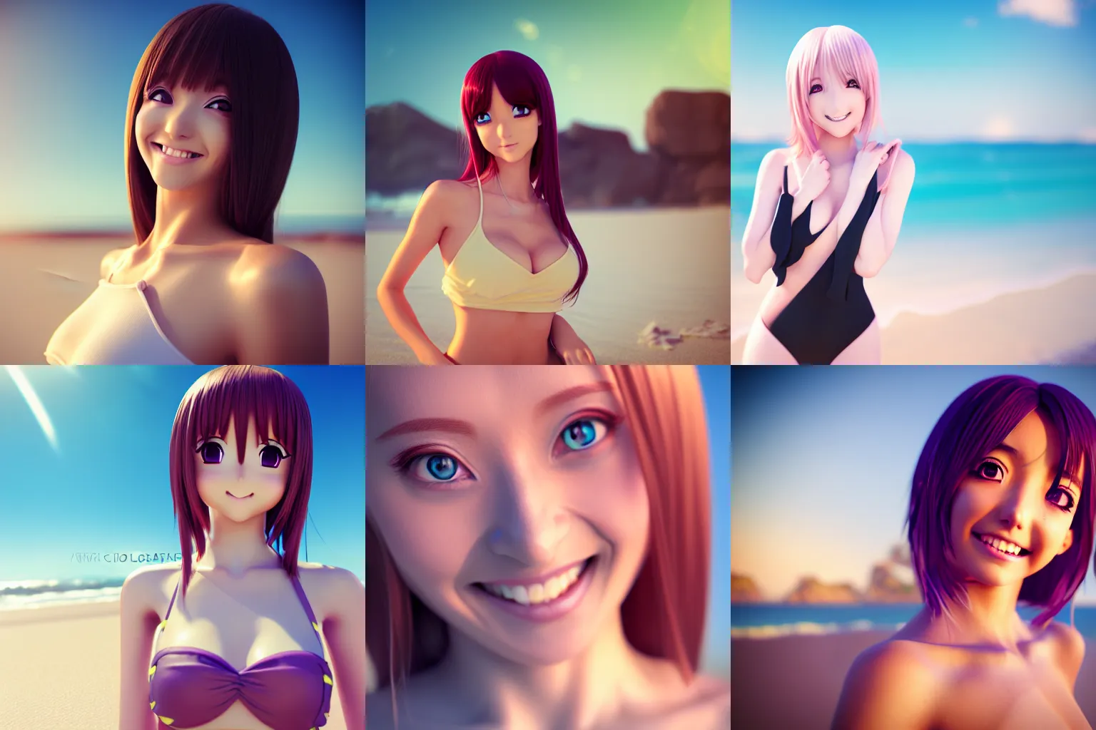 Prompt: anime girl 24yo fotoshoot on the beach gentle smile into the camera octane render